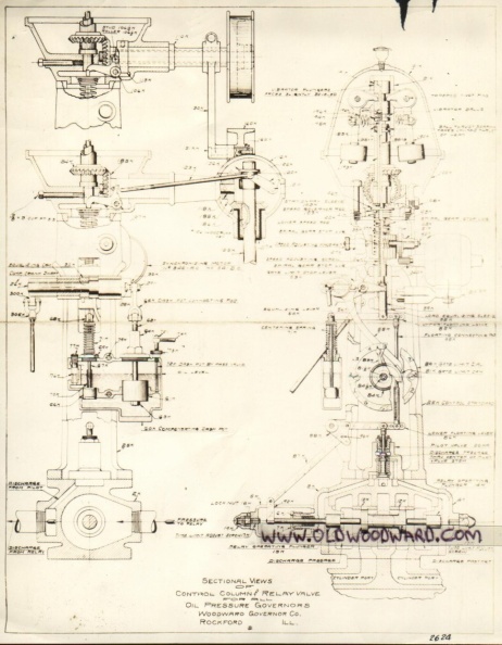 Sectional views from a 1937 drawing of a Woodward water wheel governor.